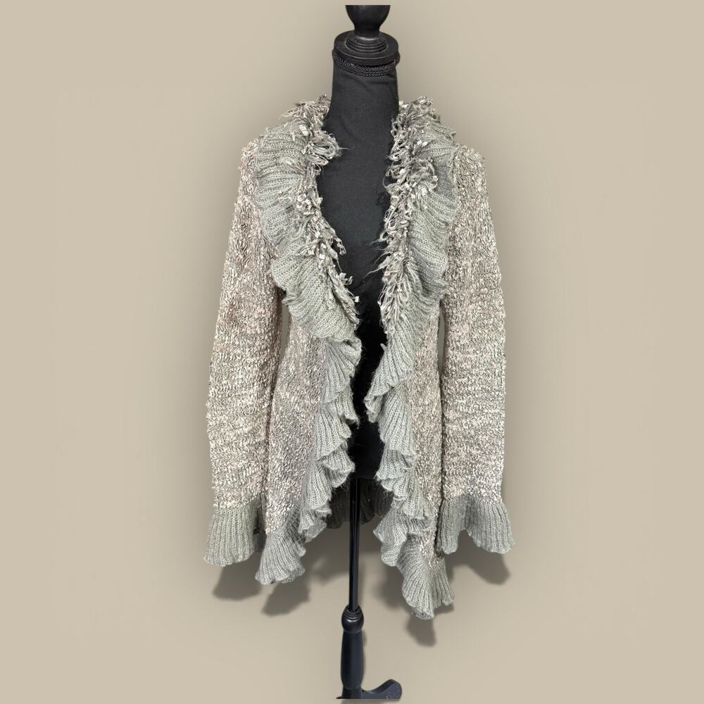 Boho Open Front Cardigan Sweater Womens Large Gray Ruffle Trim Knit Fairy Grunge